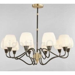 Candelabru cu pandantiv din alamă, retro, vintage, cu abajururi de sticlă