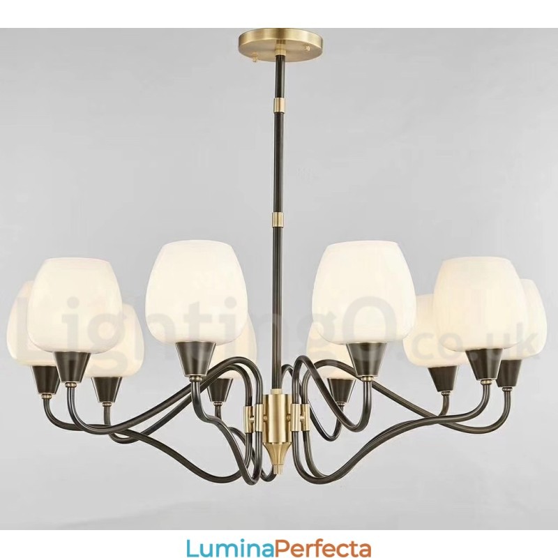 Candelabru cu pandantiv din alamă, retro, vintage, cu abajururi de sticlă