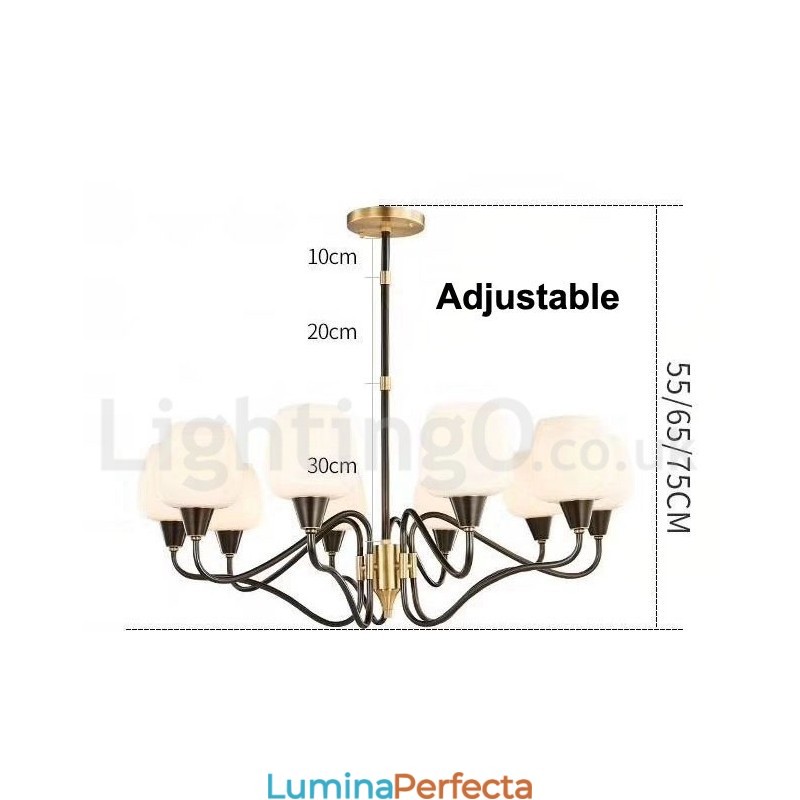 Candelabru cu pandantiv din alamă, retro, vintage, cu abajururi de sticlă
