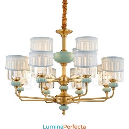 Candelabru de lumânare cu pandantiv din alamă pură, rustic, retro, vintage, din alamă, cu lumânare, cu nuanțe de material și cristal Candelabru de lumânare cu pandantiv din alamă pură, rustic, retro, vintage, din alamă, cu lumânare, cu nuanțe de material și cristal