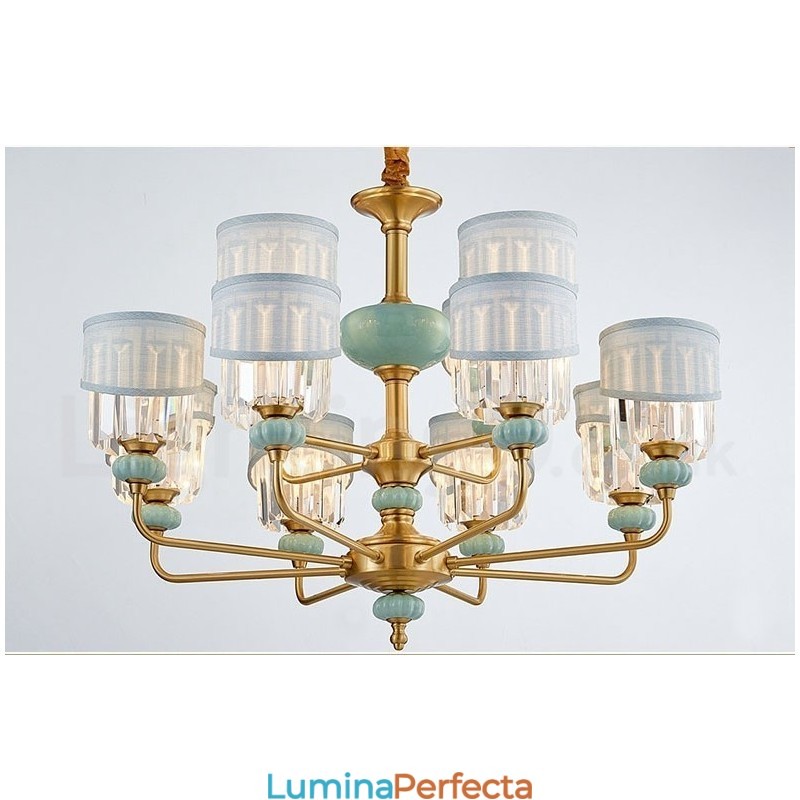 Candelabru de lumânare cu pandantiv din alamă pură, rustic, retro, vintage, din alamă, cu lumânare, cu nuanțe de material și cristal