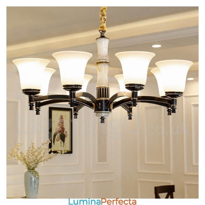 Candelabru cu pandantiv din alamă din alamă, luxos, rustic, retro, epocă, din alamă, cu abajururi de sticlă