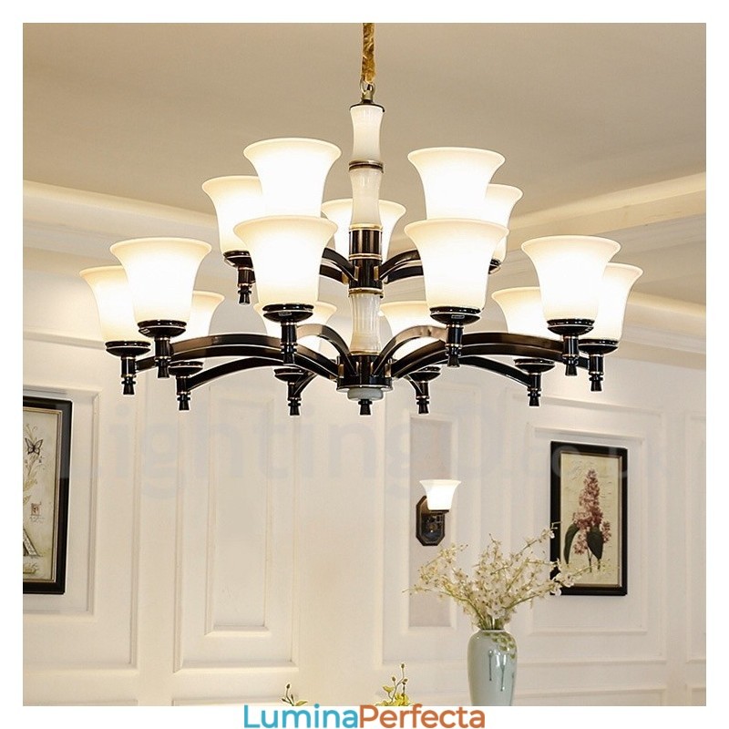 Candelabru cu pandantiv din alamă din alamă, luxos, rustic, retro, epocă, din alamă, cu abajururi de sticlă