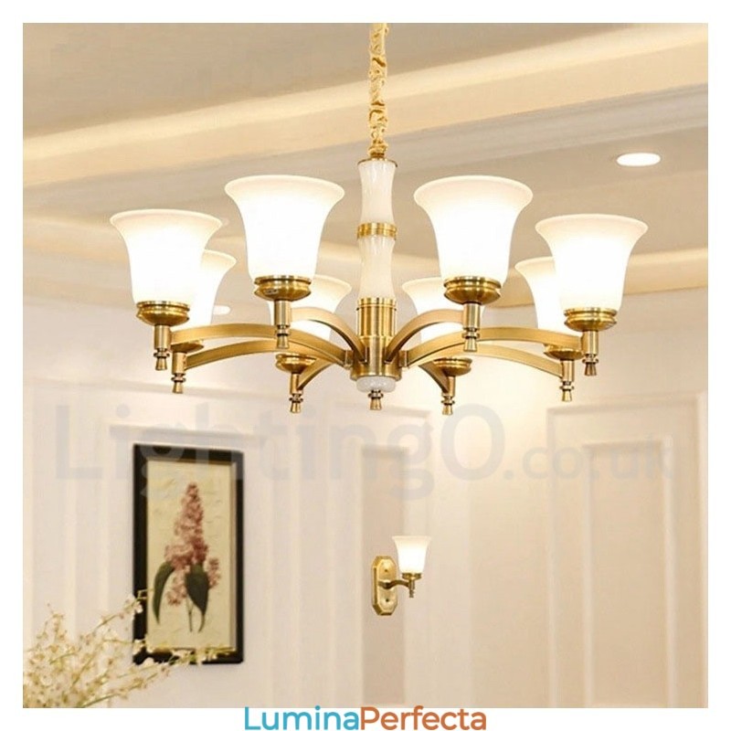 Candelabru cu pandantiv din alamă din alamă, luxos, rustic, retro, epocă, din alamă, cu abajururi de sticlă
