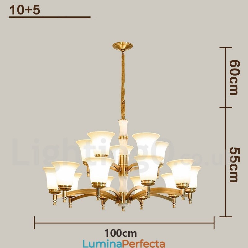 Candelabru cu pandantiv din alamă din alamă, luxos, rustic, retro, epocă, din alamă, cu abajururi de sticlă
