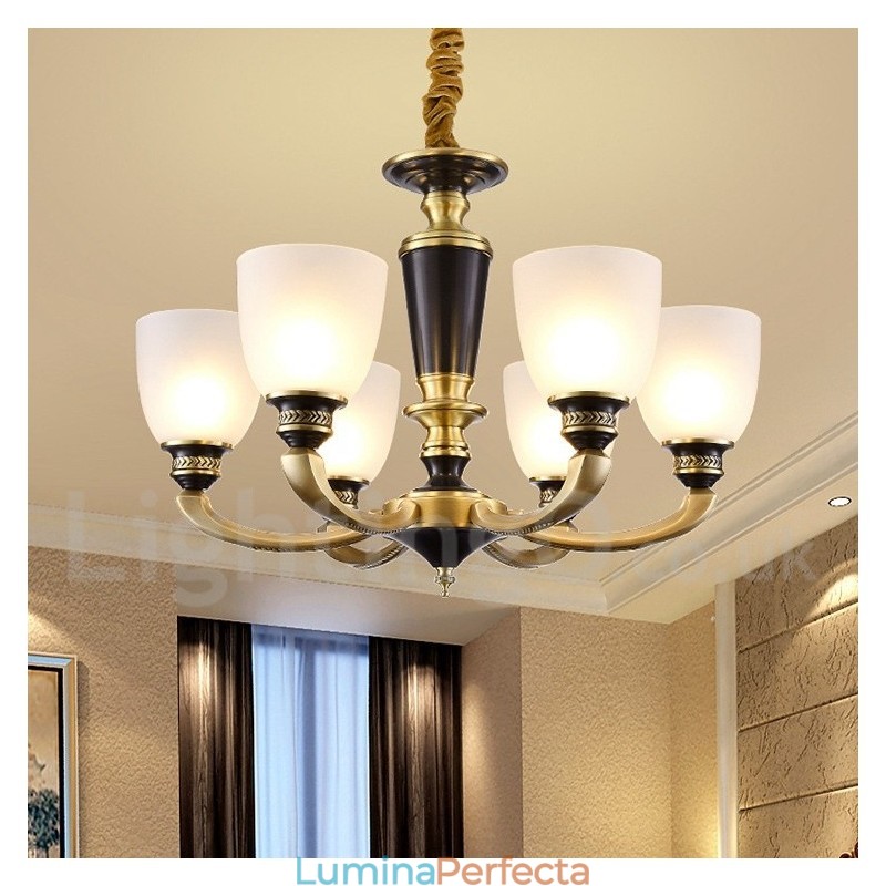 Candelabru de lumânare cu pandantiv din alamă, rustic, retro, de lux, din alamă pură, cu abajururi de sticlă