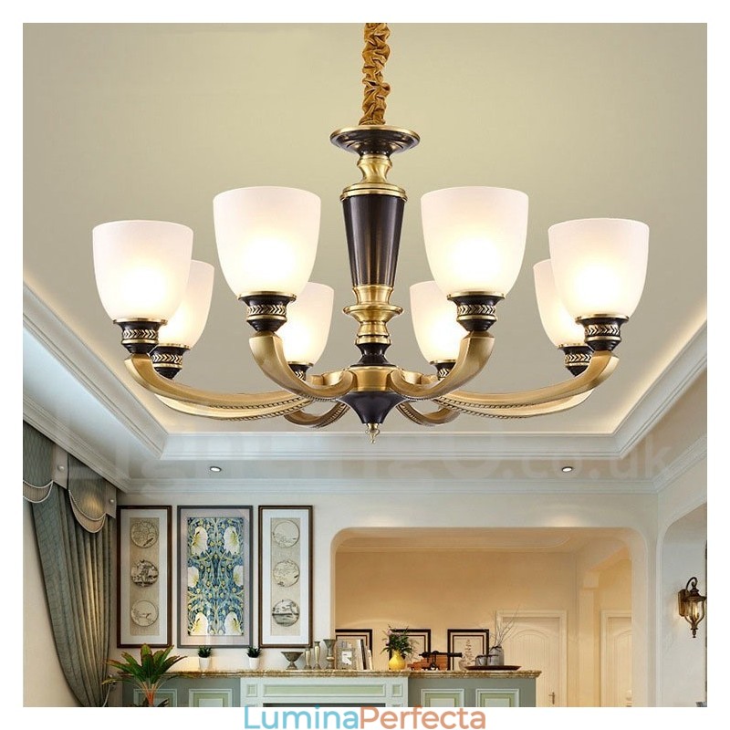 Candelabru de lumânare cu pandantiv din alamă, rustic, retro, de lux, din alamă pură, cu abajururi de sticlă