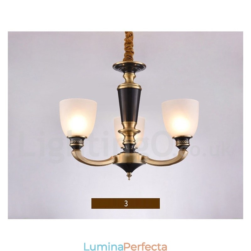Candelabru de lumânare cu pandantiv din alamă, rustic, retro, de lux, din alamă pură, cu abajururi de sticlă