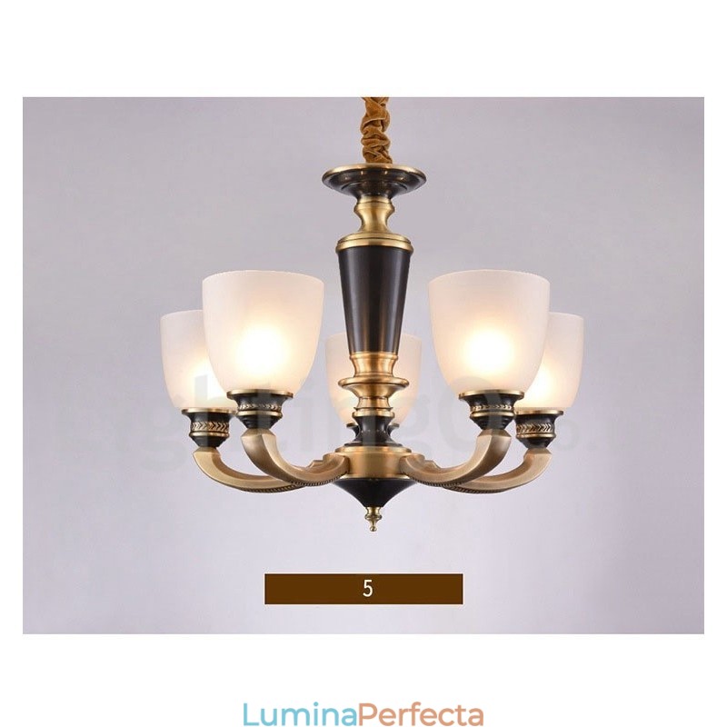 Candelabru de lumânare cu pandantiv din alamă, rustic, retro, de lux, din alamă pură, cu abajururi de sticlă