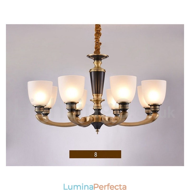Candelabru de lumânare cu pandantiv din alamă, rustic, retro, de lux, din alamă pură, cu abajururi de sticlă