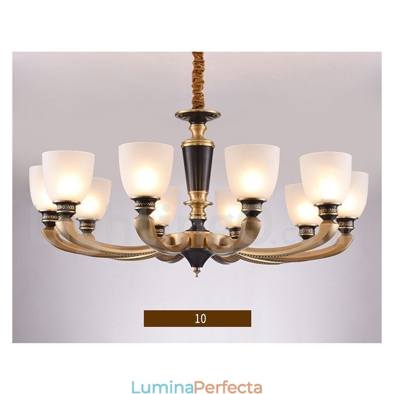 Candelabru de lumânare cu pandantiv din alamă, rustic, retro, de lux, din alamă pură, cu abajururi de sticlă