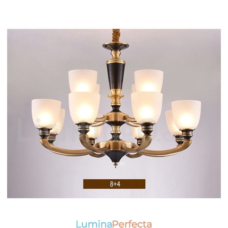 Candelabru de lumânare cu pandantiv din alamă, rustic, retro, de lux, din alamă pură, cu abajururi de sticlă