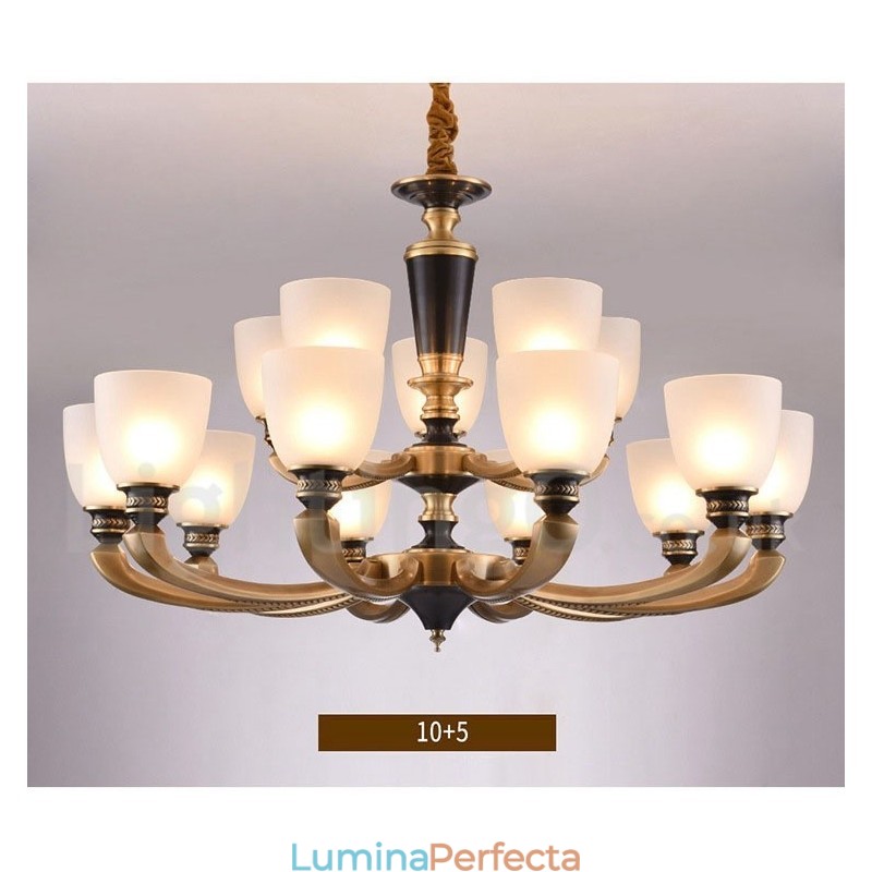 Candelabru de lumânare cu pandantiv din alamă, rustic, retro, de lux, din alamă pură, cu abajururi de sticlă