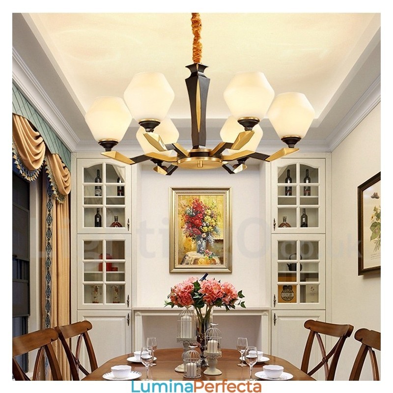 Candelabru de lumânare cu pandantiv din alamă, rustic, retro, de lux, din alamă pură, cu abajururi de sticlă