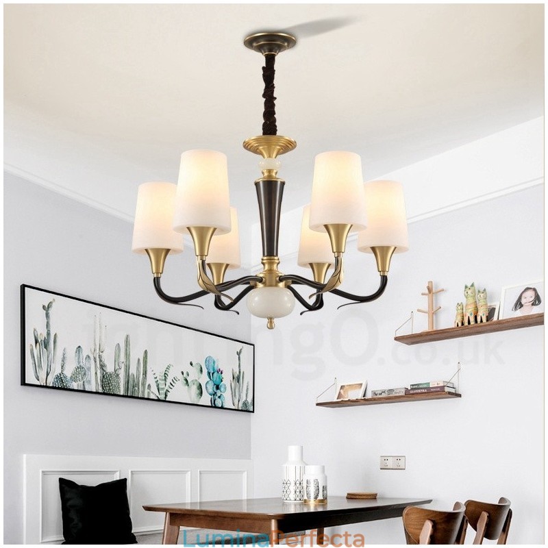 Candelabru cu pandantiv din alamă din alamă, luxos, rustic, retro, vintage, din alamă, cu abajururi de sticlă