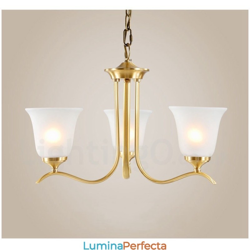 Candelabru luxos din alamă pură, rustic, retro, vintage, cu pandantiv din alamă, cu abajururi de sticlă