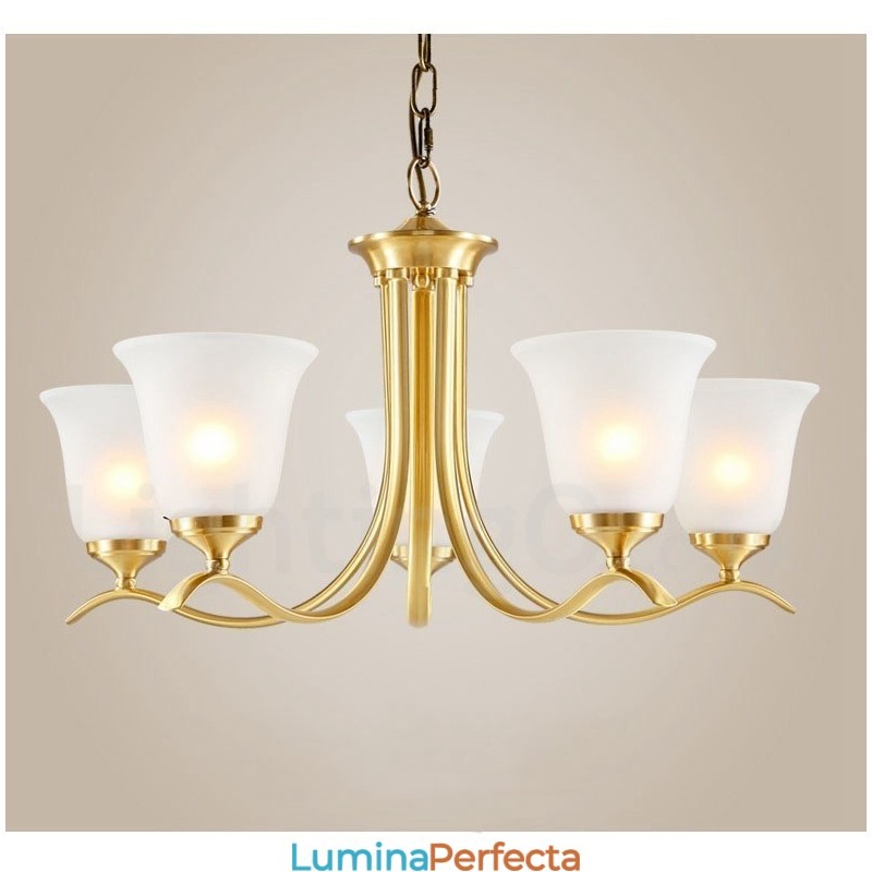 Candelabru luxos din alamă pură, rustic, retro, vintage, cu pandantiv din alamă, cu abajururi de sticlă