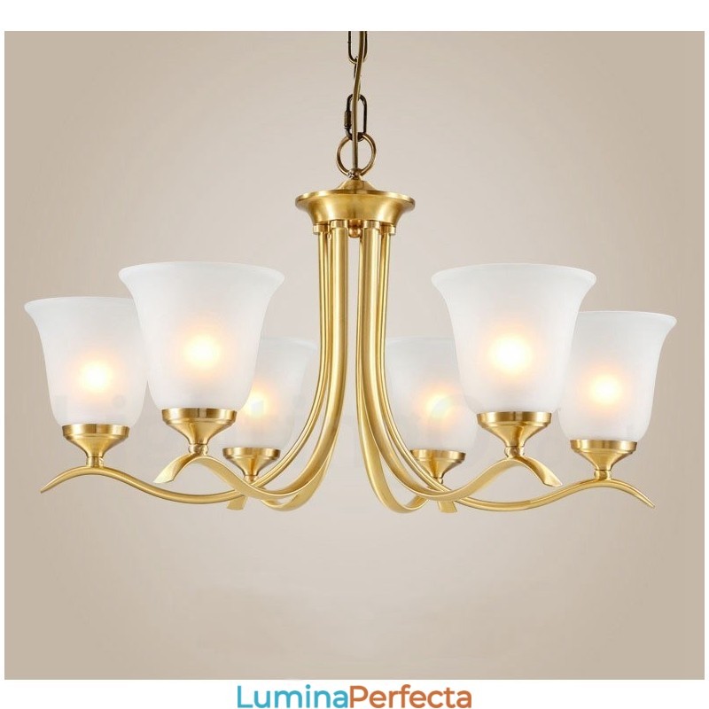 Candelabru luxos din alamă pură, rustic, retro, vintage, cu pandantiv din alamă, cu abajururi de sticlă