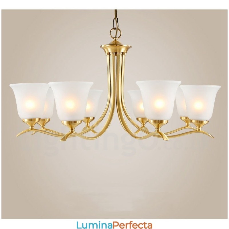 Candelabru luxos din alamă pură, rustic, retro, vintage, cu pandantiv din alamă, cu abajururi de sticlă