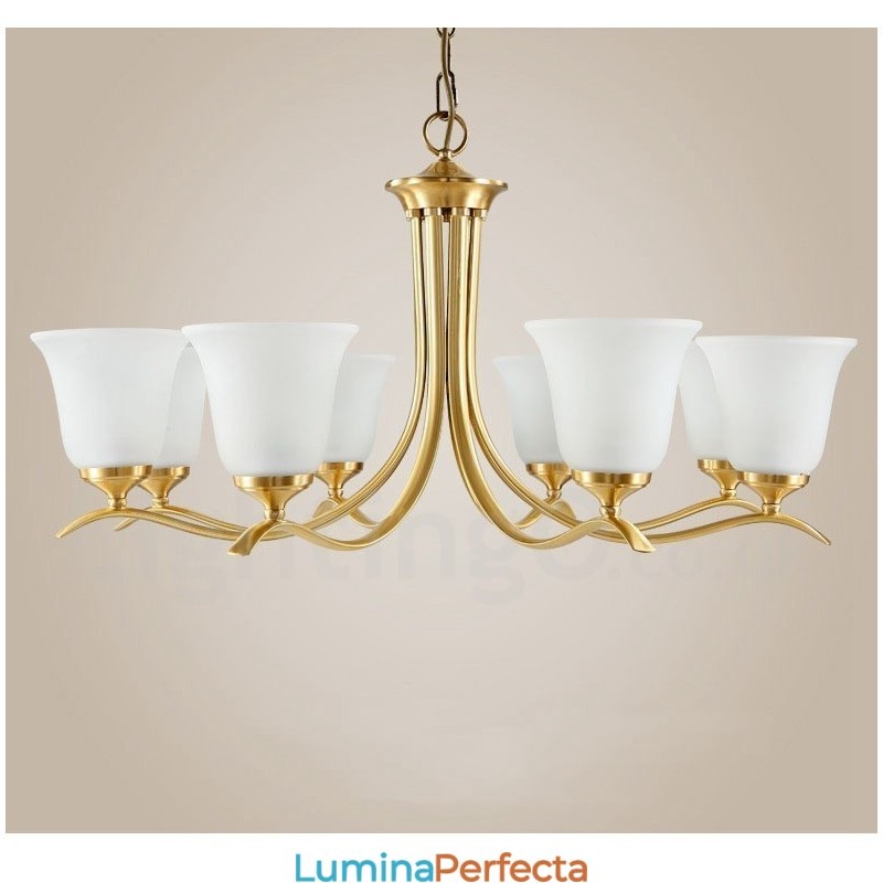 Candelabru luxos din alamă pură, rustic, retro, vintage, cu pandantiv din alamă, cu abajururi de sticlă