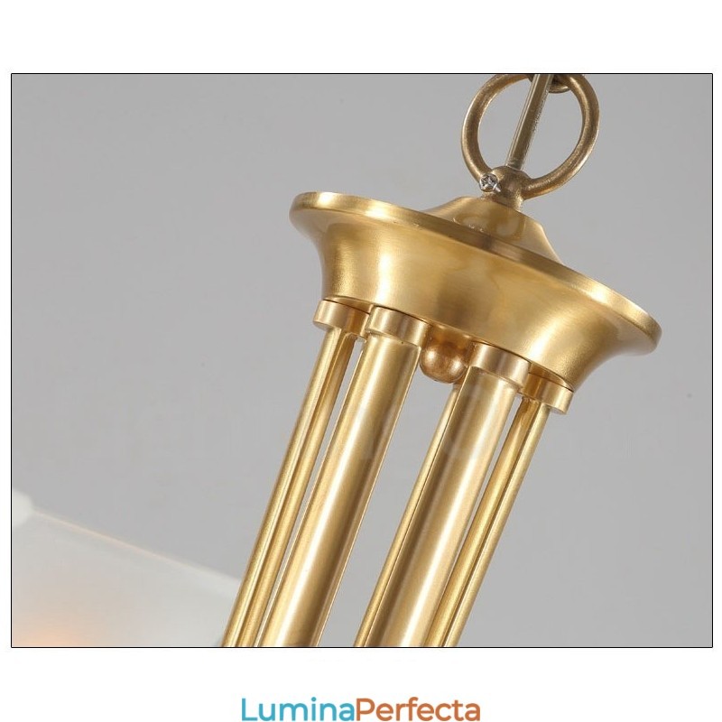 Candelabru luxos din alamă pură, rustic, retro, vintage, cu pandantiv din alamă, cu abajururi de sticlă