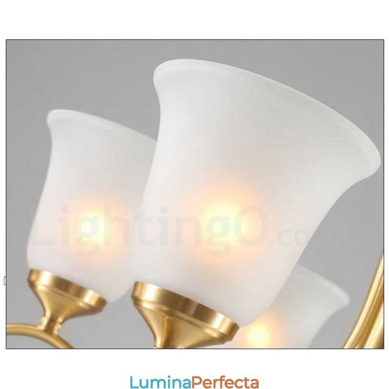 Candelabru luxos din alamă pură, rustic, retro, vintage, cu pandantiv din alamă, cu abajururi de sticlă