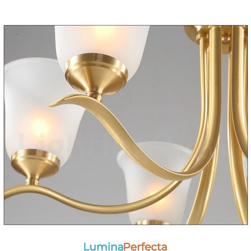 Candelabru luxos din alamă pură, rustic, retro, vintage, cu pandantiv din alamă, cu abajururi de sticlă
