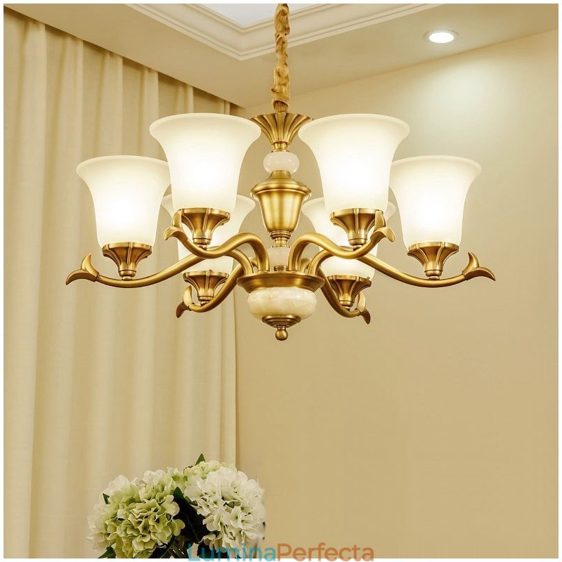 Candelabru luxos din alamă pură, retro, retro, vintage, din alamă, cu pandantiv, cu lumânări din sticlă