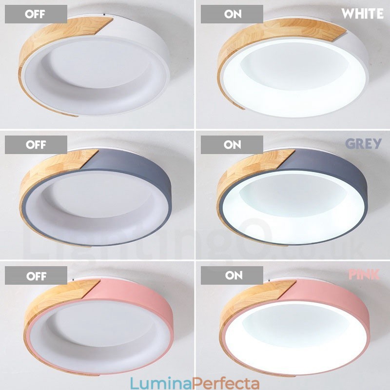 Plafoniera rotundă din lemn, dimmerabilă în mai multe culori, cu abajur din acril, în stil nordic