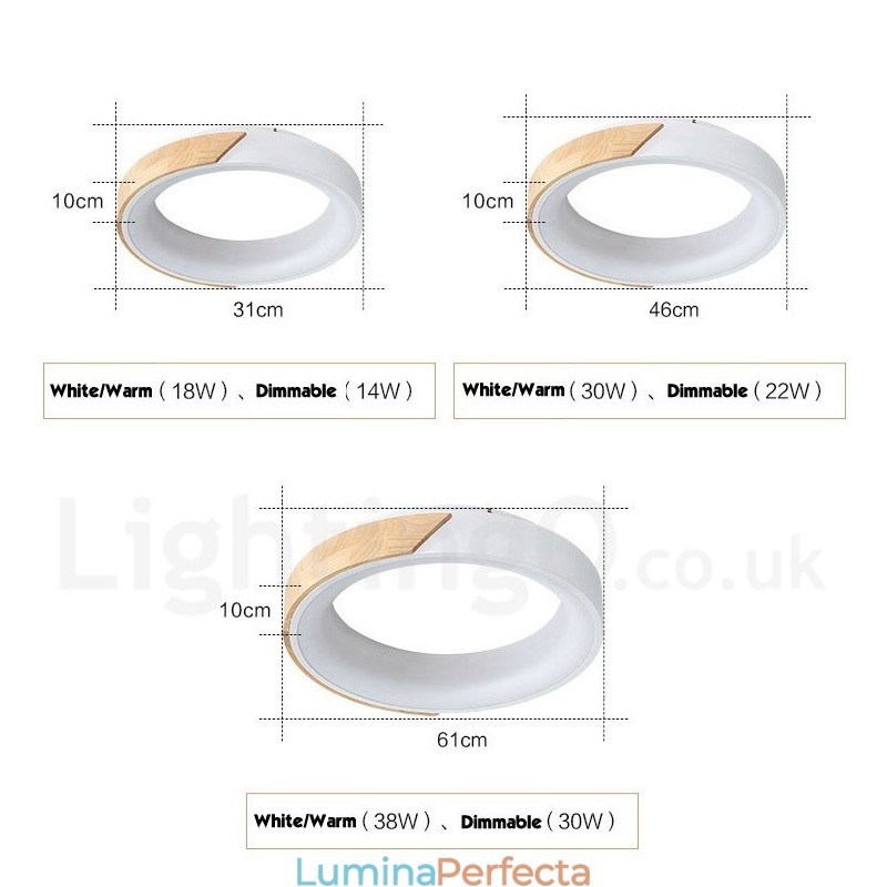 Plafoniera rotundă din lemn, dimmerabilă în mai multe culori, cu abajur din acril, în stil nordic