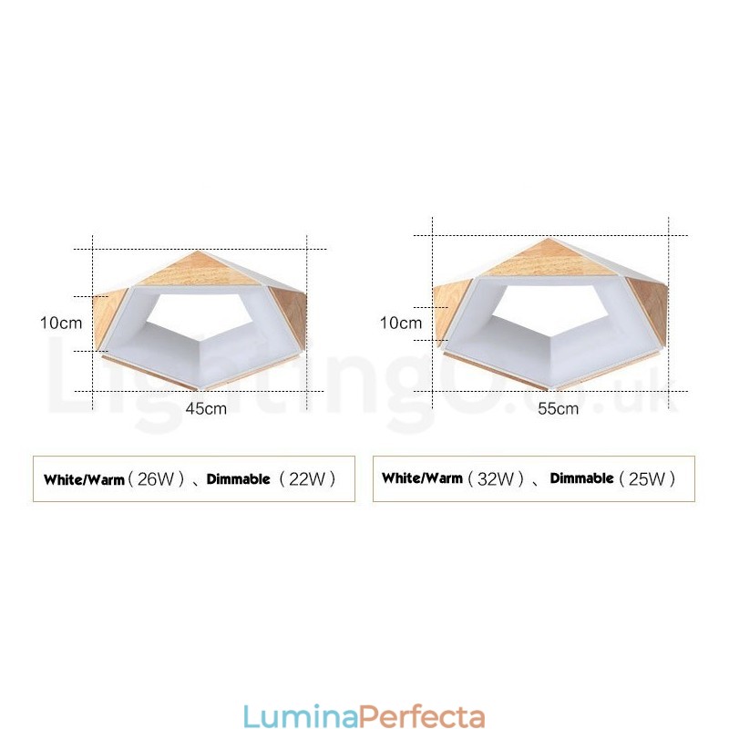 Plafoniera din lemn, pentagon, cu intensitate variabilă, în mai multe culori, cu abajur din acril, în stil nordic
