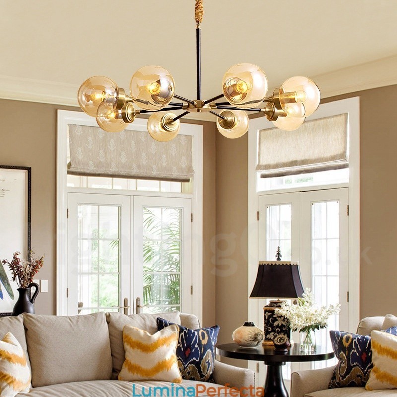 Candelabru cu pandantiv din alamă, rustic, retro, de lux, din alamă pură, cu abajururi de sticlă