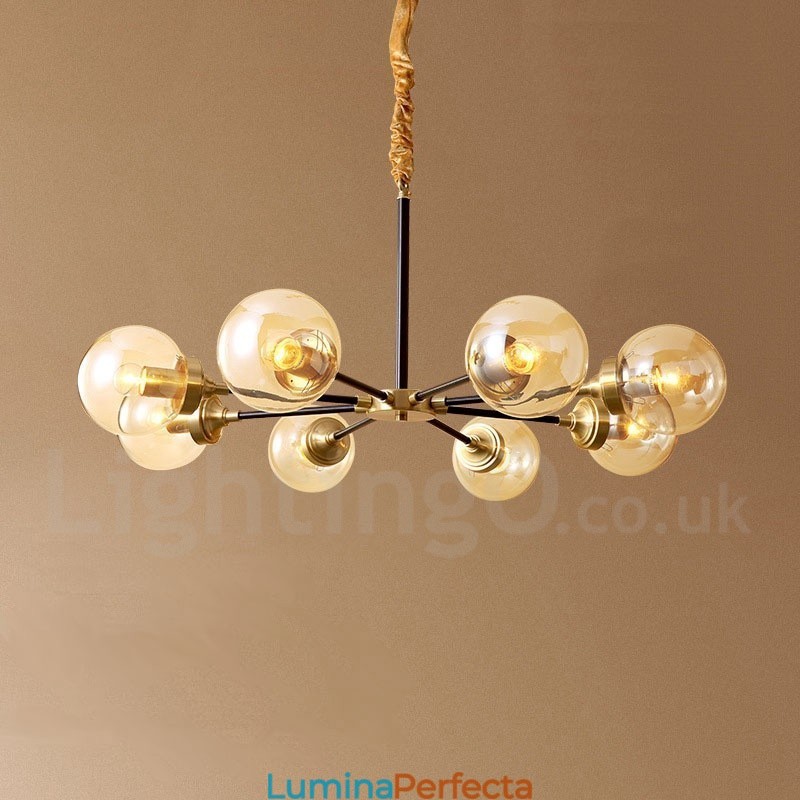 Candelabru cu pandantiv din alamă, rustic, retro, de lux, din alamă pură, cu abajururi de sticlă