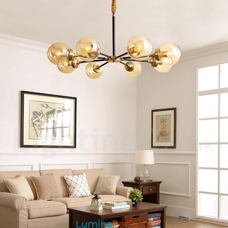 Candelabru cu pandantiv din alamă, rustic, retro, de lux, din alamă pură, cu abajururi de sticlă