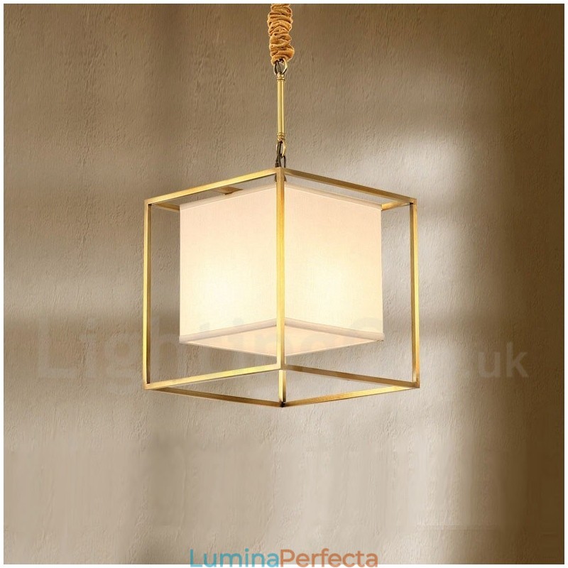 Lampă suspendată din alamă pură, simplă, rustică, retro, vintage, din alamă, cu abajur din material textil