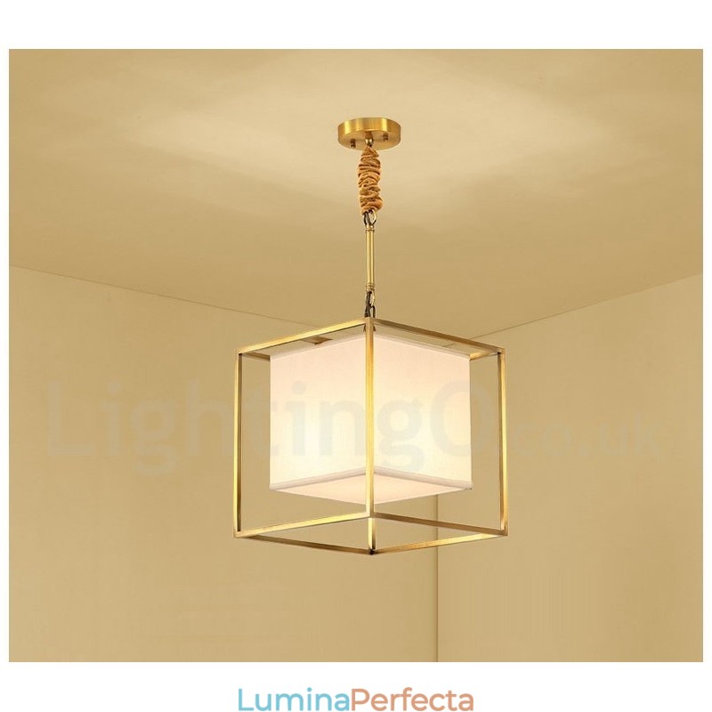 Lampă suspendată din alamă pură, simplă, rustică, retro, vintage, din alamă, cu abajur din material textil