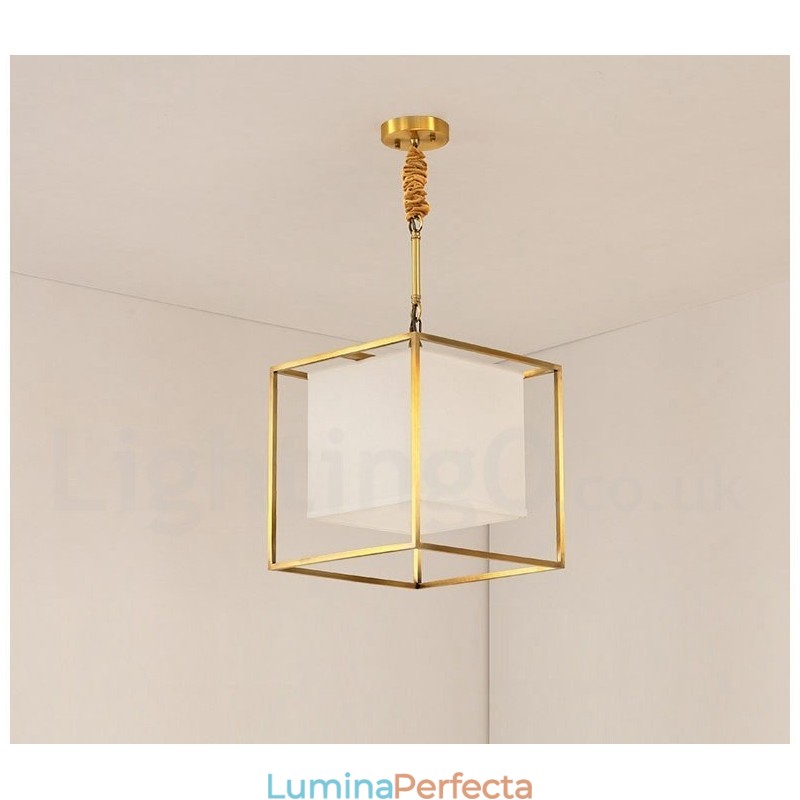 Lampă suspendată din alamă pură, simplă, rustică, retro, vintage, din alamă, cu abajur din material textil
