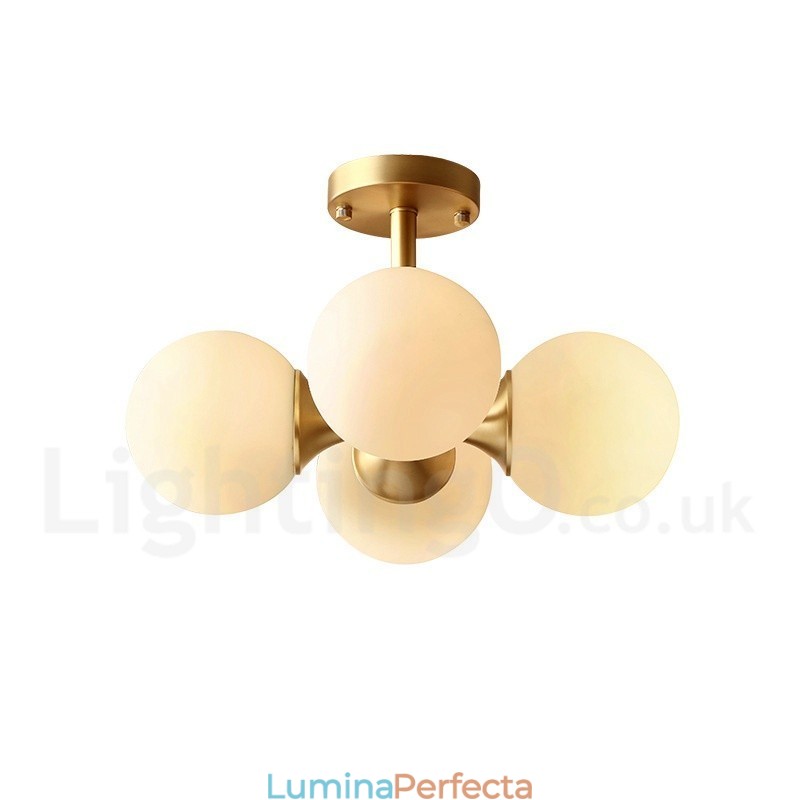 Plafoniera cu 4 lumini, alamă pură, modernă, contemporană, simplă, rustică, retro, epocă, cu montare la plafon, cu abajururi de sticlă