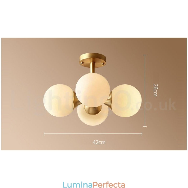 Plafoniera cu 4 lumini, alamă pură, modernă, contemporană, simplă, rustică, retro, epocă, cu montare la plafon, cu abajururi de sticlă