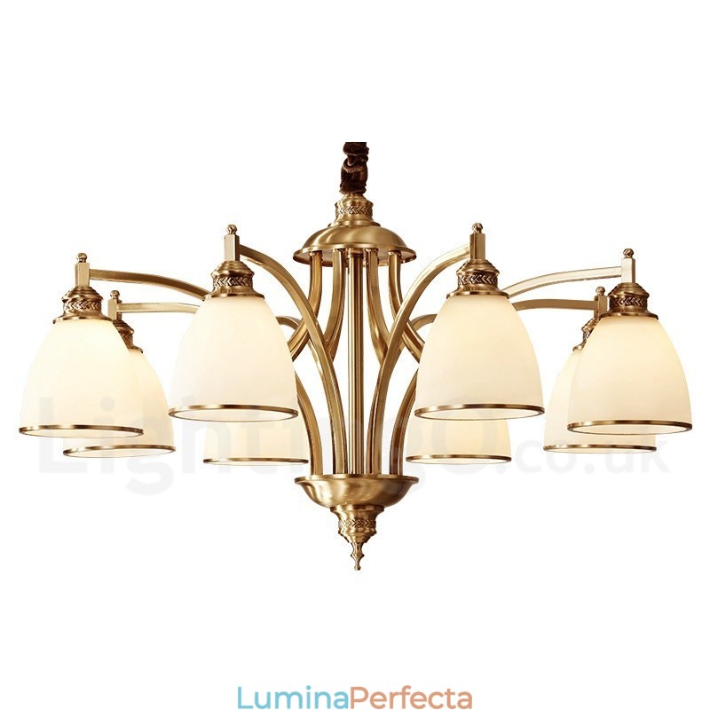 Candelabru cu pandantiv din alamă, mare, luxos, rustic, retro, vintage, din alamă pură, cu abajururi de sticlă