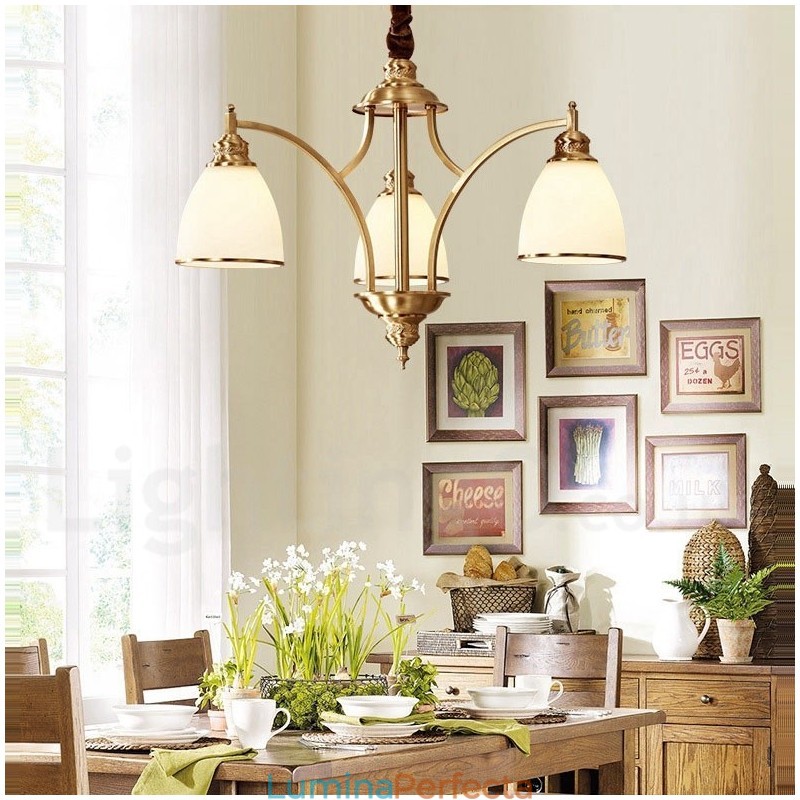 Candelabru cu pandantiv din alamă, mare, luxos, rustic, retro, vintage, din alamă pură, cu abajururi de sticlă