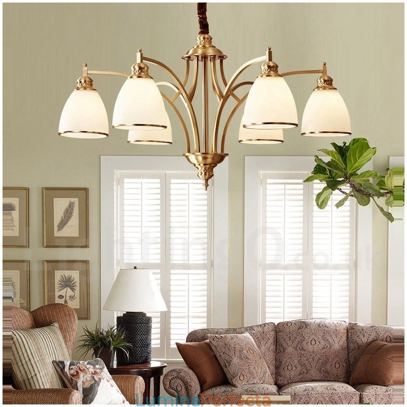 Candelabru cu pandantiv din alamă, mare, luxos, rustic, retro, vintage, din alamă pură, cu abajururi de sticlă