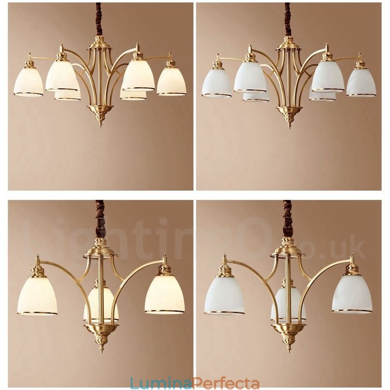 Candelabru cu pandantiv din alamă, mare, luxos, rustic, retro, vintage, din alamă pură, cu abajururi de sticlă