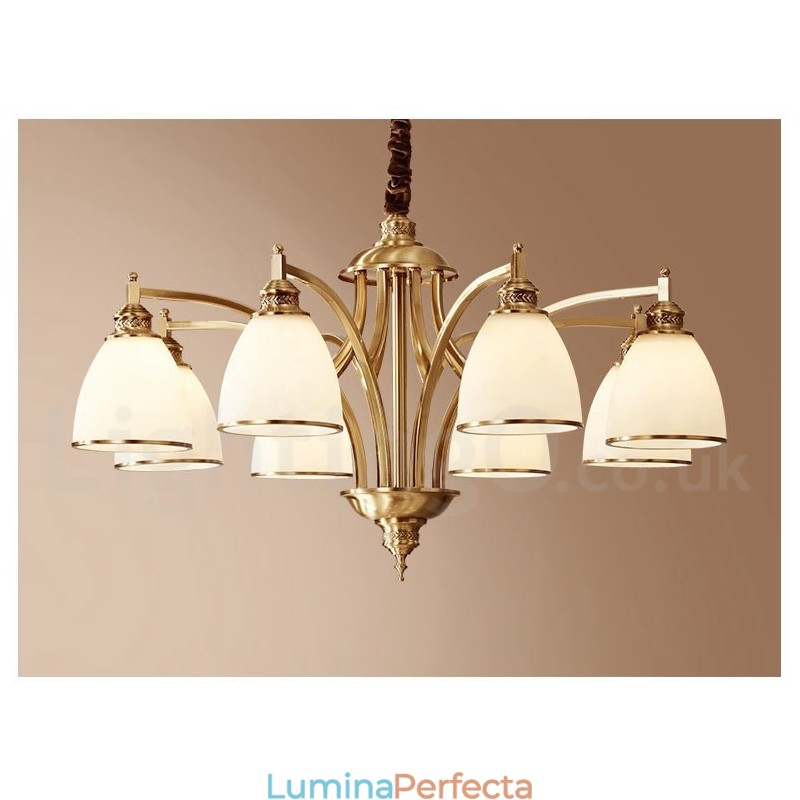 Candelabru cu pandantiv din alamă, mare, luxos, rustic, retro, vintage, din alamă pură, cu abajururi de sticlă