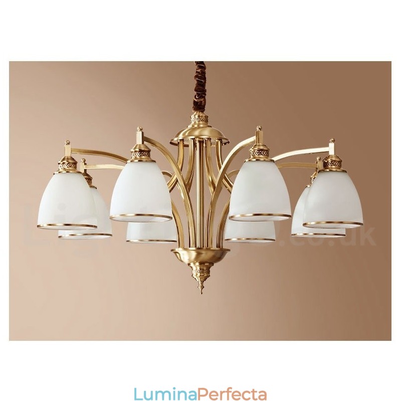 Candelabru cu pandantiv din alamă, mare, luxos, rustic, retro, vintage, din alamă pură, cu abajururi de sticlă