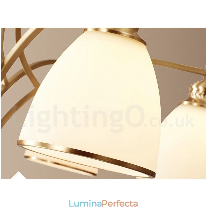 Candelabru cu pandantiv din alamă, mare, luxos, rustic, retro, vintage, din alamă pură, cu abajururi de sticlă