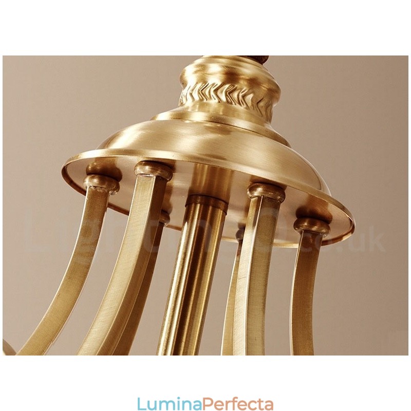 Candelabru cu pandantiv din alamă, mare, luxos, rustic, retro, vintage, din alamă pură, cu abajururi de sticlă