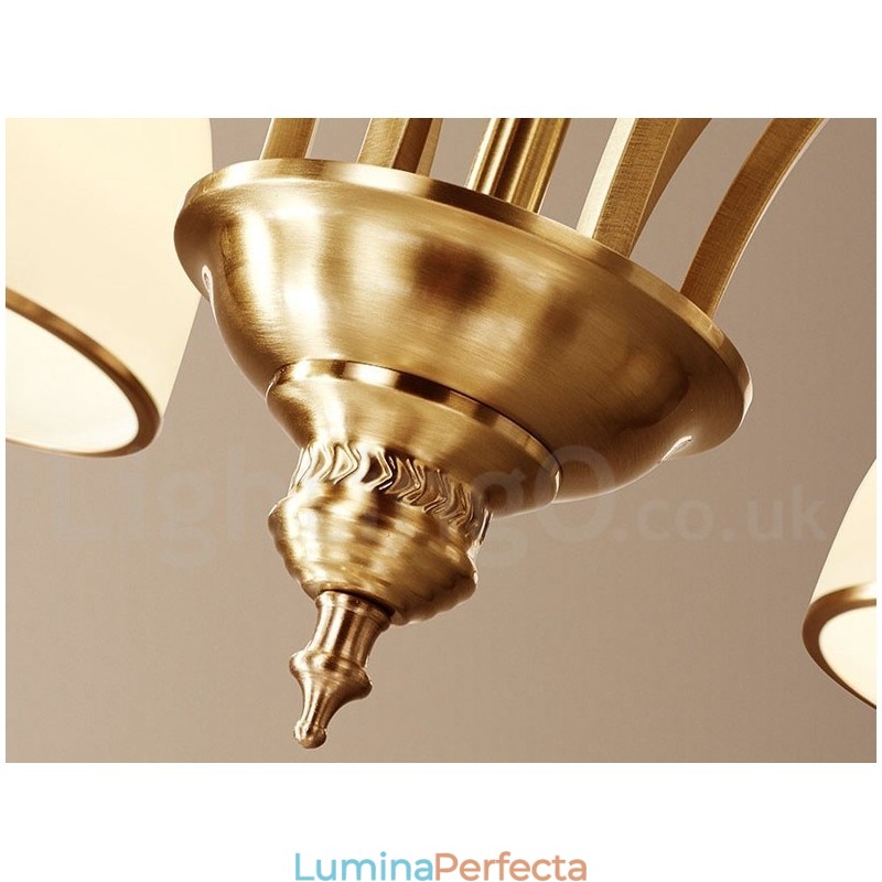 Candelabru cu pandantiv din alamă, mare, luxos, rustic, retro, vintage, din alamă pură, cu abajururi de sticlă