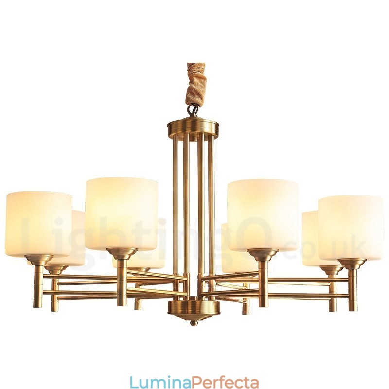 Candelabru cu pandantiv din alamă, mare, luxos, rustic, retro, vintage, din alamă pură, cu abajururi de sticlă