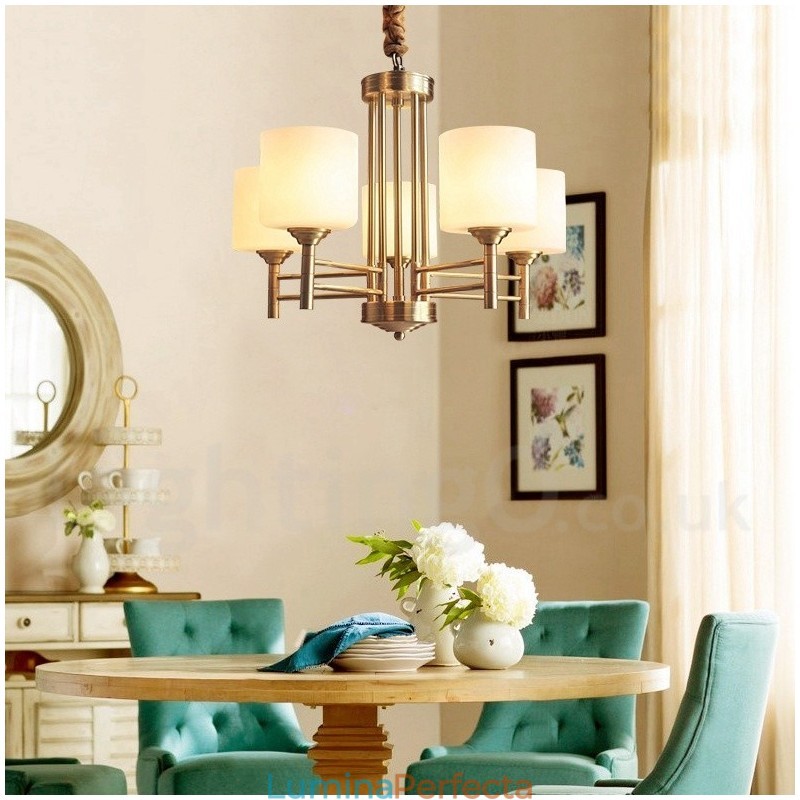 Candelabru cu pandantiv din alamă, mare, luxos, rustic, retro, vintage, din alamă pură, cu abajururi de sticlă